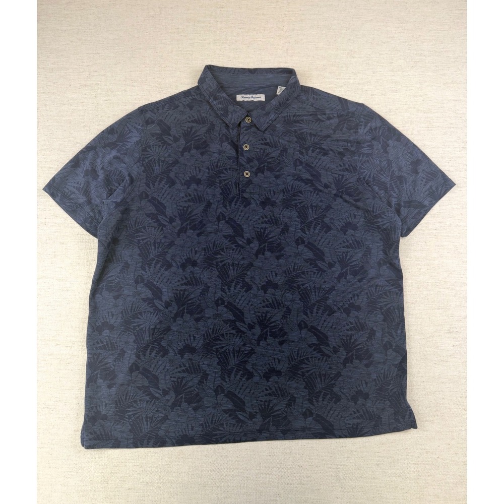 Tommy Bahama Mens XXL Navy Blue Tropical Palm Leaf Tencel Modal Polo Shirt